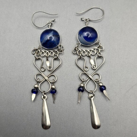VTG Blue Glass Chandelier Dangle Earrings 3" Silver Tone Wirework Boho Drop - Picture 5 of 6
